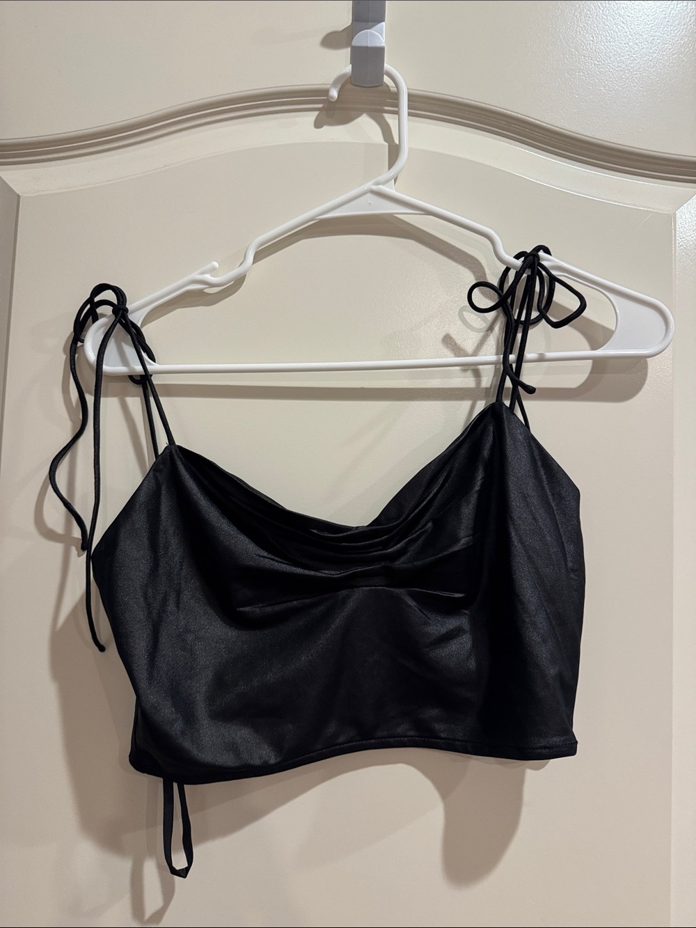 superdown Black Satin Cowl Tie-Shoulder Crop Top